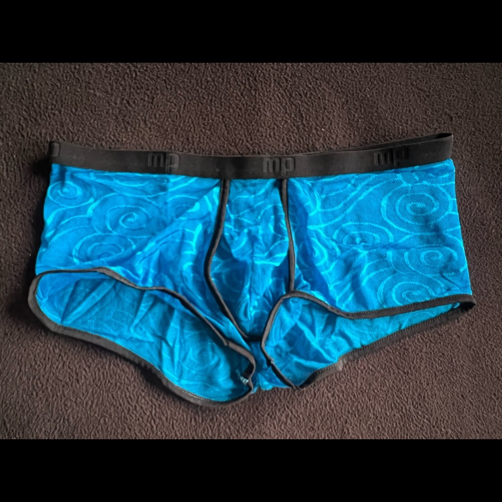 Male Power Men’s Square Cut Blue Sheer Pattern Print w/Black Trim Rare! Sexy!